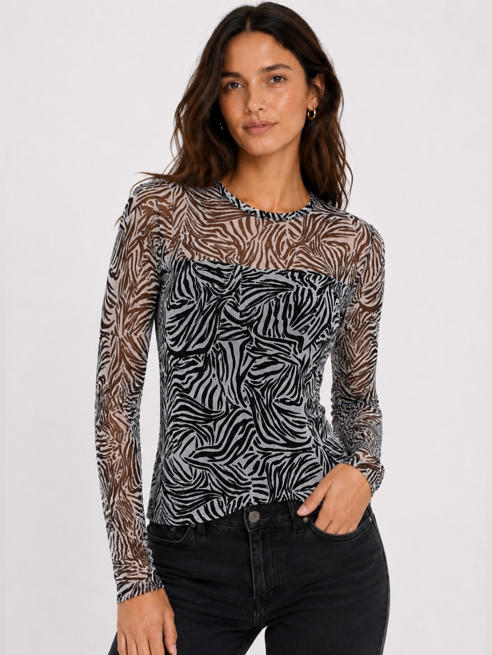 Sanctuary Zebra Print Mesh Long Sleeve Top